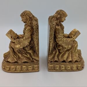 Vintage Gold Angel Bookends Reading Cherub Figurine Heavy Dark Academia Gothic